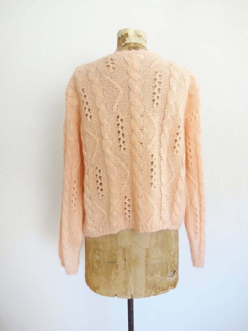 Vintage Baggy Cable Knit Cardigan Sweater M Oversized Open Weave Pointelle Mohair Pullover Peach Pink Pastel Knitted Grunge Fairy Kei image 3