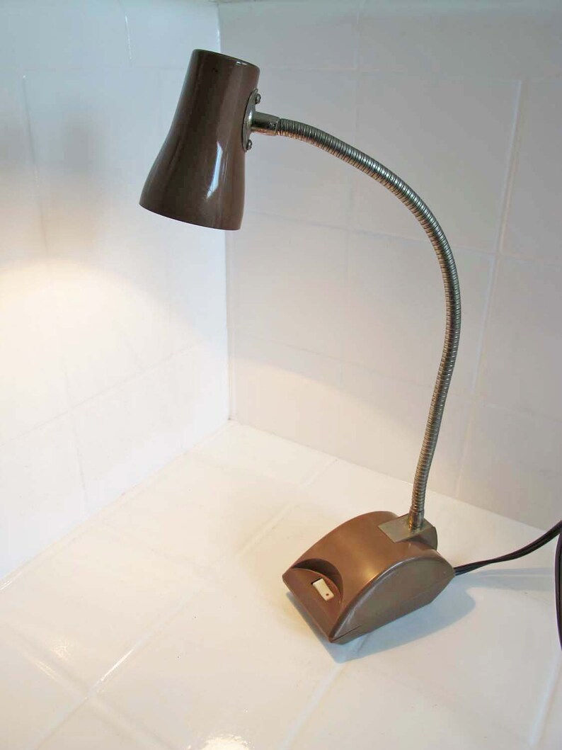 Vintage Small Brown Metal Industrial Gooseneck Lamp 80s Desk Office Task Lamp Flexible Neck image 4