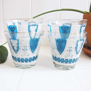 Vintage Fleur De Lis Tumbler Glasses Set 4 Blue White French Rustic Short Cocktail Drinking Glasses Vintage Barware Moroccan Tea image 2