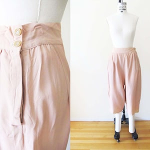 Vintage 1940s Rayon Capri Lounge Pants Bloomers M - 1940s Pink Beige Cropped Harem Casual Pants Side Button Closure Pantaloons