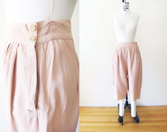 Vintage 1940s Rayon Capri Lounge Pants M - 1940s Pink Beige Cropped Harem Casual Pants Side Button Closure