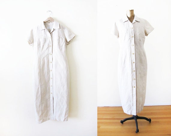 Vintage 90s Linen Dress M - 90s Button Front Maxi