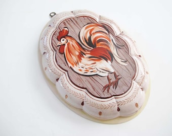 Vintage French Rooster Bird Chicken Tin - 1970s Shabby Chic Country Cottage Kitchen Decor - Metal Wall Art