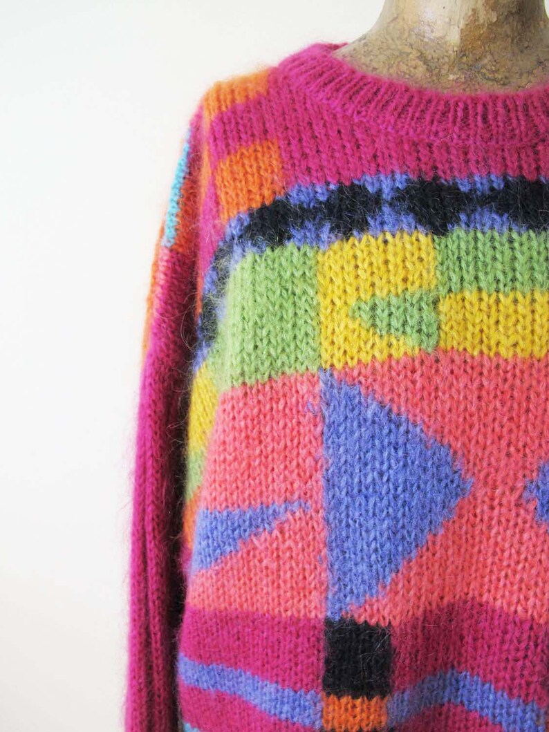 Vintage 90s Mohair Blend Colorblock Geometric Oversized Ribbed Knit Sweater M L Pink Orange Multicolor image 5