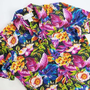 Vintage 90s Silk Hawaiian Shirt S M - 1990s Womens Baggy Oversized Pink Purple Blue Tropical Button Up Top