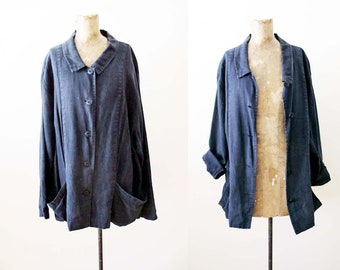 Vintage FLAX Faded Black Linen Jacket 2 XL - 90s Slouchy Oversized Simple Minimal Natural Fiber Button Up Collared Jacket