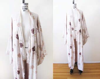 Vintage 50s Rayon Kimono Robe Condition Issues - Made in Japan Cream Lavender Floor Length Robe