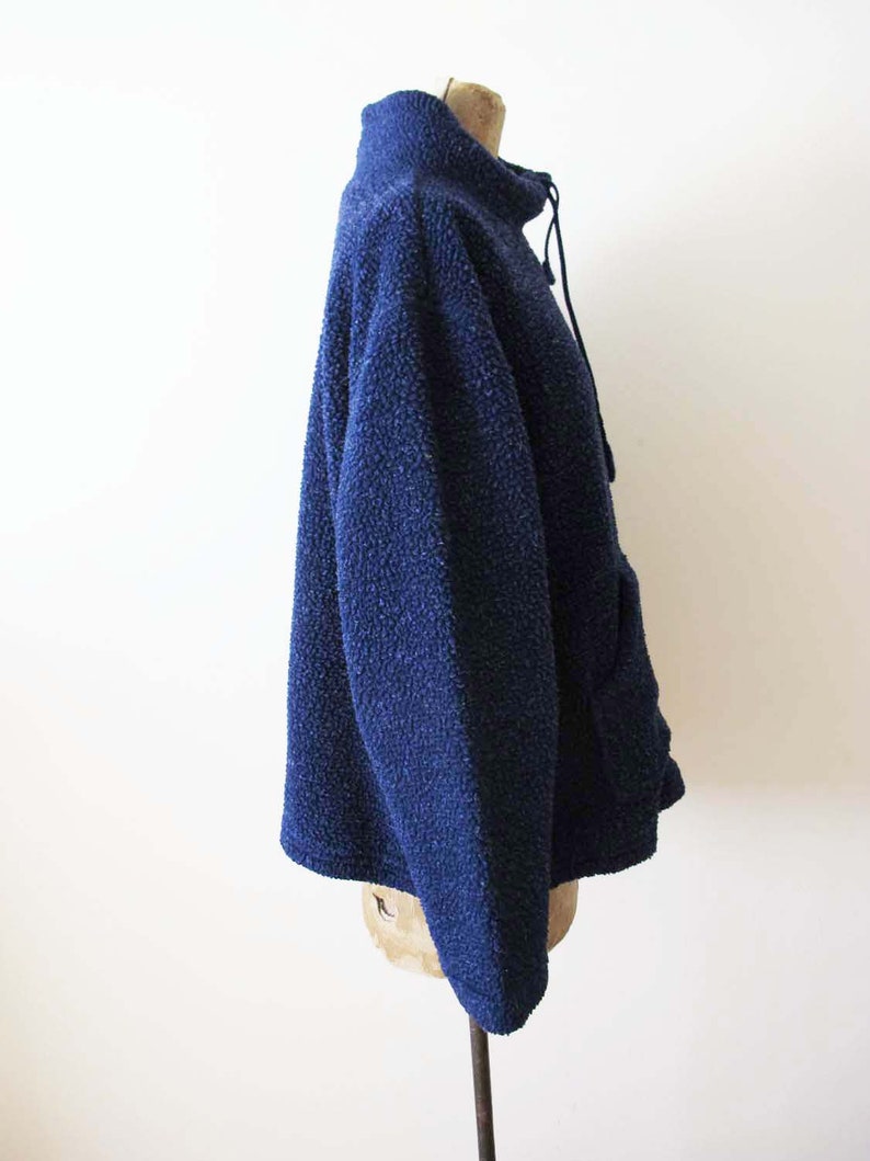 Vintage 90s Navy Blue Fleece Jacket S M Tall Mock Neck Pullover Deep Pile Fleece Hoodie Sweater image 3