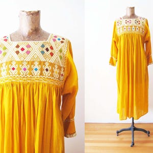 Mexican Embroidered Yellow Gauze Sundress - Womens Geometric Mustard Yellow Embroidered Boho Midi Dress