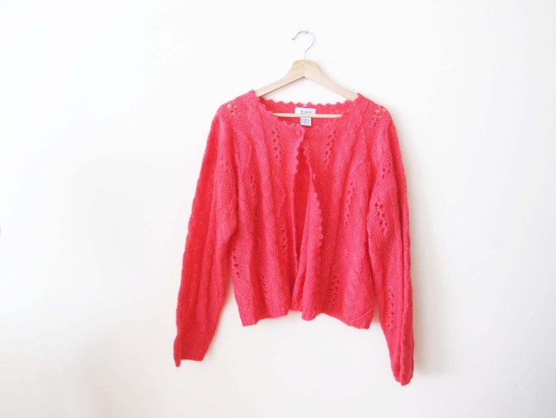 Vintage 90s Hot Pink Knit Cardigan S M 1990s Pointelle Mohair Blend Womens Slouchy Cardigan Sweater image 6