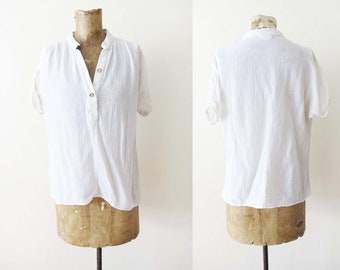 Vintage 70s Gauze Cotton Shirt S M - White Wrinkled Cotton Blouse - Natural Fiber - Minimalist Cotton Top - Boho Blouse