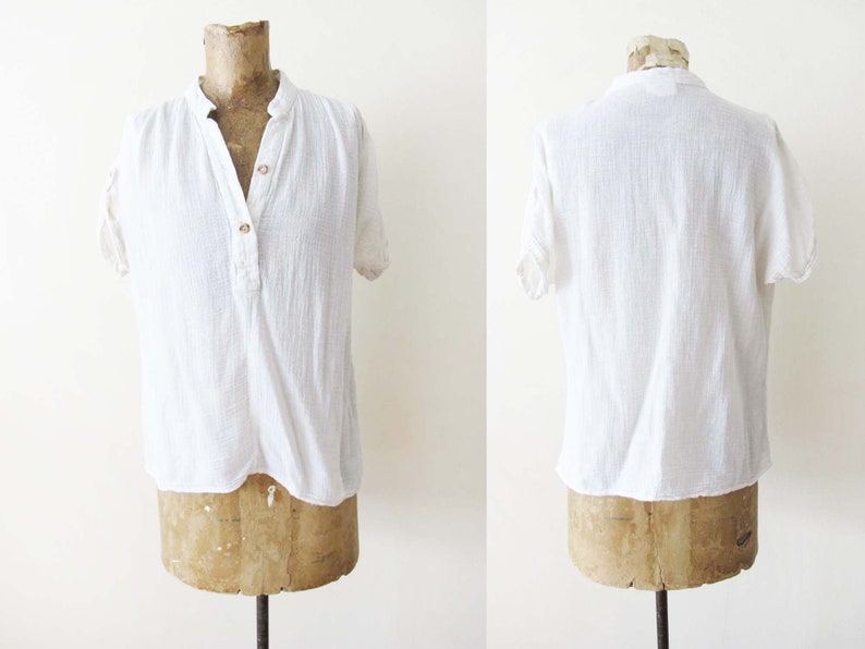 Vintage 70s Gauze Cotton Shirt S M White Wrinkled Cotton Blouse Natural Fiber Minimalist Cotton Top Boho Blouse image 1