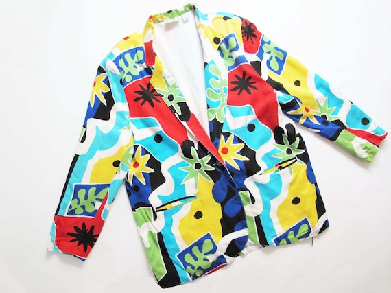 Vintage 90s Abstract Print Blazer: Matisse Style Colorful Jacket, Size L