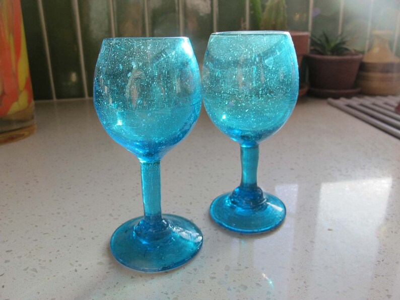 Vintage Turquoise Blue Aperitif Shot Glasses Set of 2 Vintage Barware 1960s Bubble Mini Goblets Cocktail Bar Cart Housewarming Gift image 3