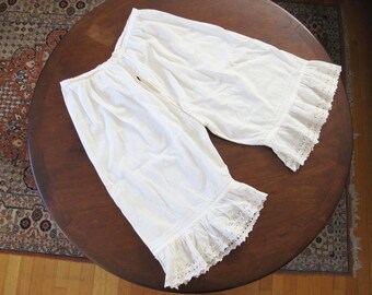 Victorian Cotton Pantalette Bloomer Pants 34 Waist Large - Antique White Cotton Ruffle Eyelet Lace Undergarments - Historical Romantic