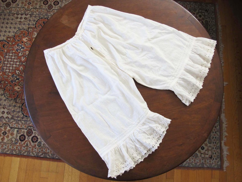 Victorian Cotton Pantalette Bloomer Pants 34 Waist Large Antique White Cotton Ruffle Eyelet Lace Undergarments Historical Romantic image 1