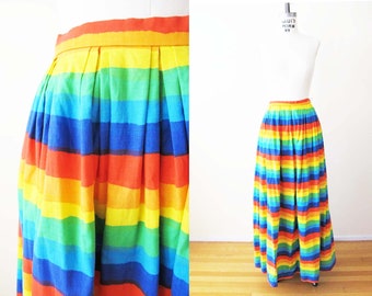 Vintage 60s Rainbow Maxi Skirt S 26 - 1960s Long Colorful Rainbow Stripe Full Length Skirt - Pride