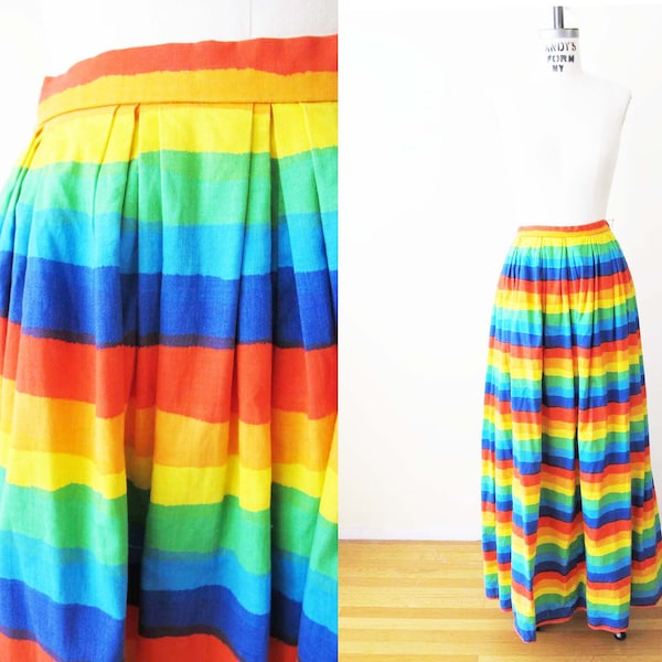 Vintage 60s Rainbow Maxi Skirt S 26 - 1960s Long Colorful Rainbow Stripe Full Length Skirt - Pride