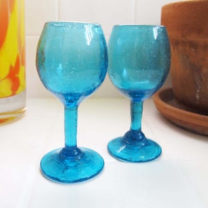 Vintage Turquoise Blue Aperitif Shot Glasses Set of 2 Vintage Barware 1960s Bubble Mini Goblets Cocktail Bar Cart Housewarming Gift image 1