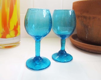 Vintage Turquoise Blue Aperitif Shot Glasses Set of 2 - Vintage Barware - 1960s Bubble Mini Goblets - Cocktail Bar Cart - Housewarming Gift