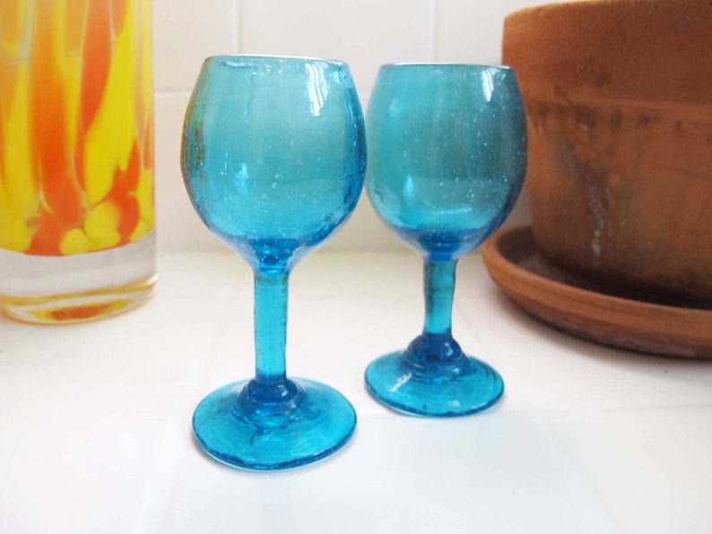 Vintage Turquoise Blue Aperitif Shot Glasses Set of 2 Vintage Barware 1960s Bubble Mini Goblets Cocktail Bar Cart Housewarming Gift image 1