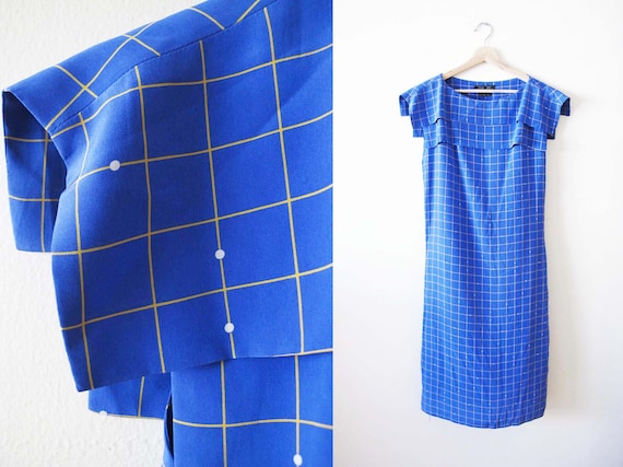 Vintage 80s does 20s Blue Silk Plaid Dress XS S -… - image 1