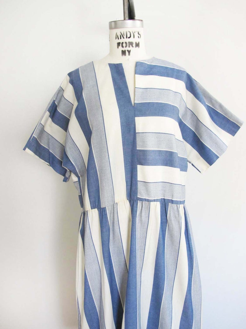 Vintage 80s Blue White Stripe Cotton Minimalist Dress M 1980s Wide Sleeve Simple Midi Sundress image 3