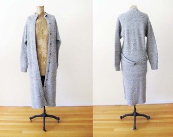Vintage 70s Long Knitted Wool Duster Jacket XS S - 1970s Gray Marled Cardigan Sweater Coat - Bohemian Hippie Style