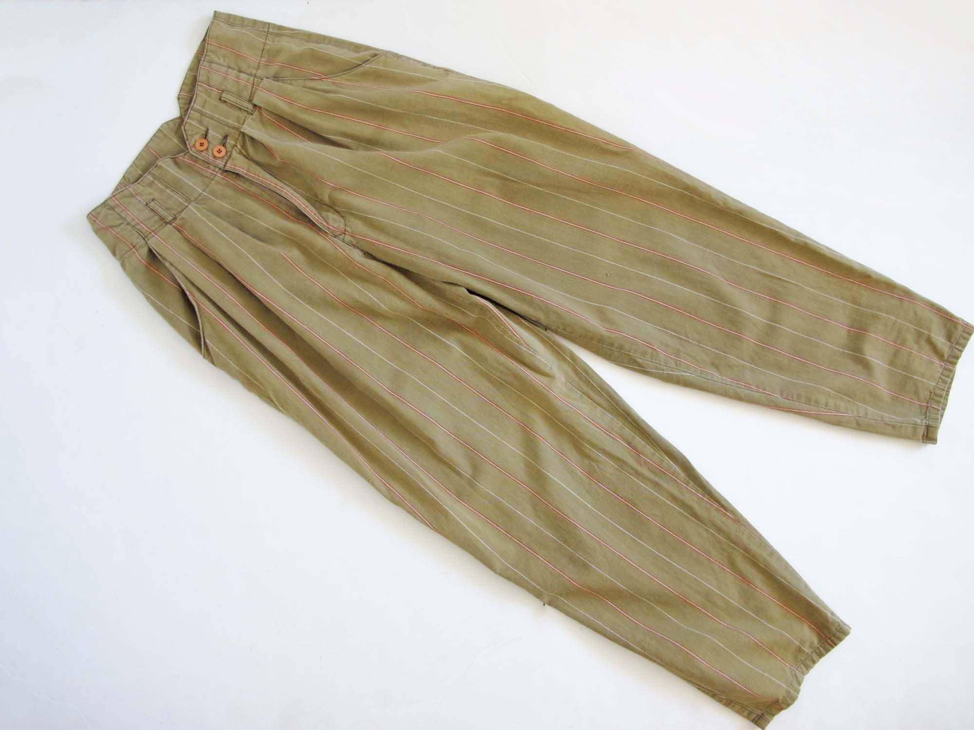 Vintage 80s Paperbag Waist Striped Khaki Tan Pants S 27