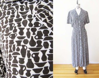 Vintage 90s Pottery Print Maxi Dress S - 1990s Liz Claiborne Novelty Amphora Jug Black White Patterned Button Front Long Sundress