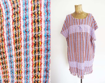 Vintage 70s Woven Swim Cover Up Tunic One Size - 1970s Boho Hippie Colorful Stripe Beach Vacation Loungewear