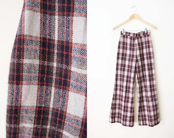 Vintage 70s Plaid Pants XS 24  - 1970s High Waist Wide Leg Plaid Wool Trouser Pants - Red Tan Black Plaid Mod Boho Pants