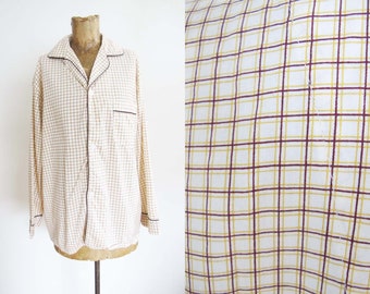 Vintage 70s Grunge Pajama Shirt S M - 1970s Cream Checkered Plaid Mens Long Sleeve Button Up PJ Top