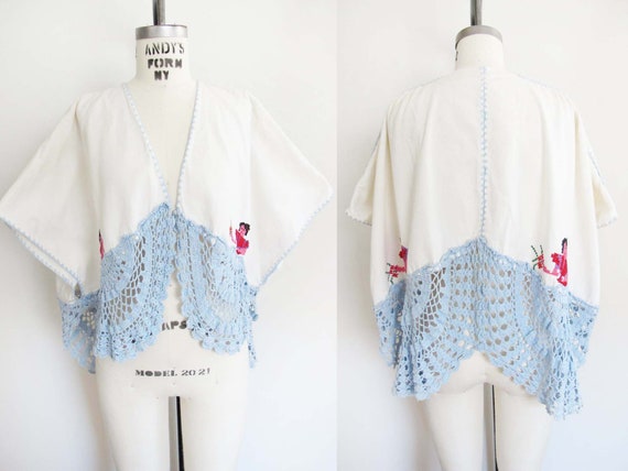 Vintage Tablecloth Shrug Jacket OS - 1950s Novelt… - image 4