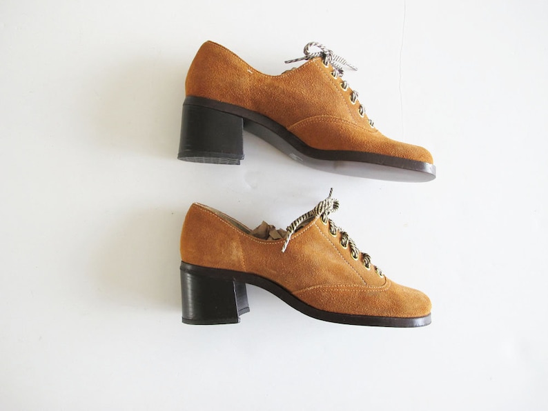 Brown Suede Lace Up Oxfords Vintage 60s 70s Womens Platform Shoes 60s Shoes 6.5 Mod Platform Shoes 7 AA Narrow Sears Shoe Place