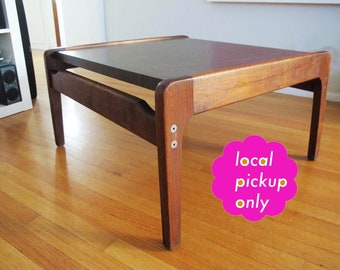 Danish Walnut and Wood Laminate Side Table - Mid Century 1960s Small Square Coffee Table - Local Long Beach LA Pick Up