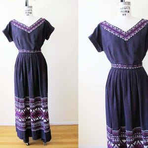 Vintage 60s Guatemalan Embroidered Cotton Dress Set: Folk Aztec Boho S/M