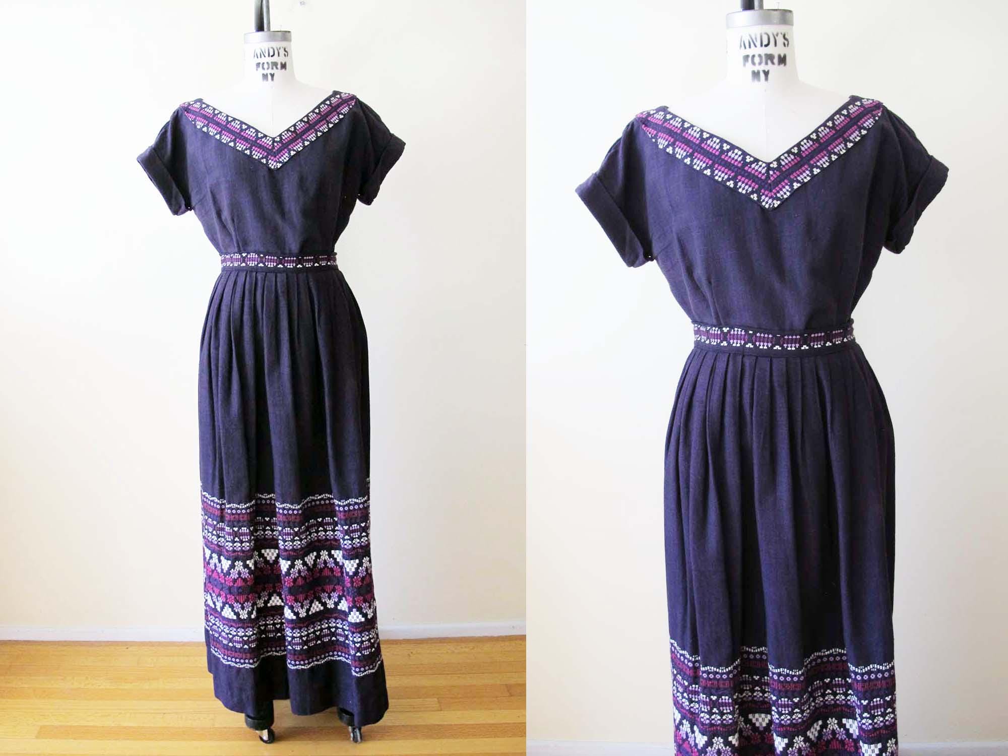 Vintage 60s Guatemalan Embroidered Cotton Dress Set: Folk Aztec