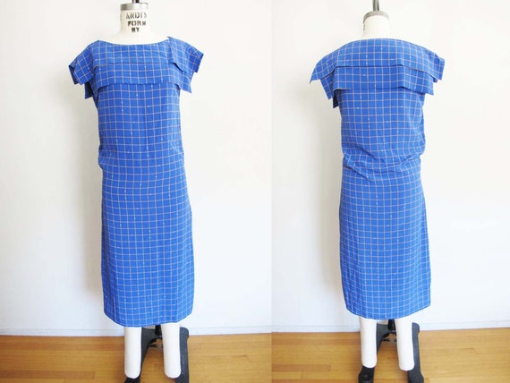 Vintage 80s does 20s Blue Silk Plaid Dress XS S -… - image 2