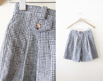 Jaren 90 linnen Houndstooth-short 25 S - Vintage jaren 90 lange dames geplooide shorts - hoge taille zwart witte geruite moedershort - bermudawandelen