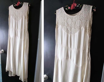 Vintage 1930s White Satin Rayon Dress Small - Art Deco 30s Sleeveless Lace Illusion Midi Dress - Flapper Wedding - Condition Issues Read