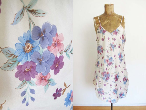 Vintage 90s Satin Nightie M - Satin Floral Print … - image 1