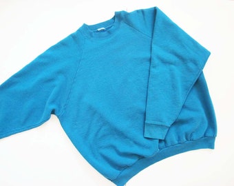 Vintage 80s Turquoise Blue Raglan Sweatshirt L  - 1980s Solid Color Baggy Crewneck Pullover Sweater