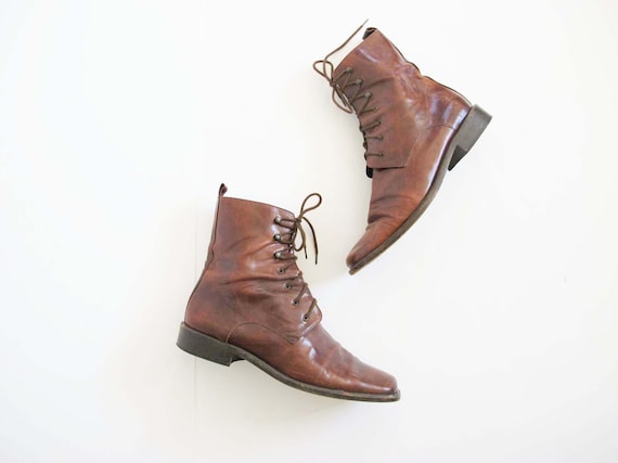 Vintage 90s Brown Leather Boots 8.5 - Lace Up Leat