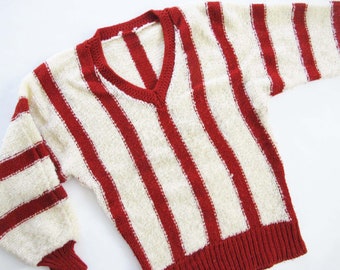 Vintage 60s Striped Wool Sweater XS S - Burgundy Red Cream  Boucle Textured Pullover Jumper Academia Prep Knitted Sweater Grunge