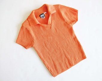 2000s Y2k Bright Orange Ribbed Knit Polo Shirt XS S - Cropped Ribbed Neon Aesthetic Collared Top - Bold Bright Raver Shirt