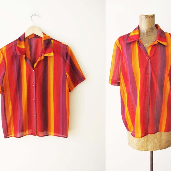 Vintage 70s Sunset Stripe Semi Sheer Shirt M - 1970s Pink Orange Short Sleeve Button Up Camp Top