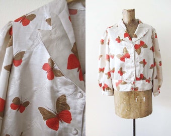 Vintage 70s Satin Butterfly Print Blouse S M - 1970s Insect Moth Novelty Print Button Up Long Sleeve Shirt