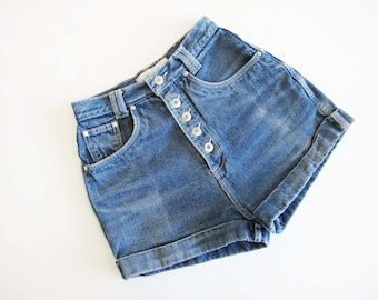 Vintage jaren 90 spijkerbroek 24 XS S - jaren 90 jaren 2000 ankerblauwe hoge taille spijkerbroek met knopen en manchetten