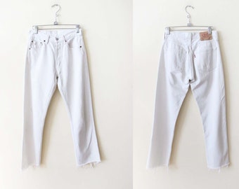 Vintage White Levis 501 Denim Jeans 27 Frayed Cut Off Hem -  90s Grunge Straight Leg Classic Button Fly Levi's Pants Made in USA